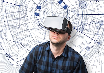 A man wearing a blue and black checkered button-down shirt wears a black augmented reality headset. In the background is a blue and white sketch. 