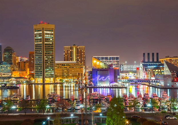 Baltimore Harbor skyline in the evening