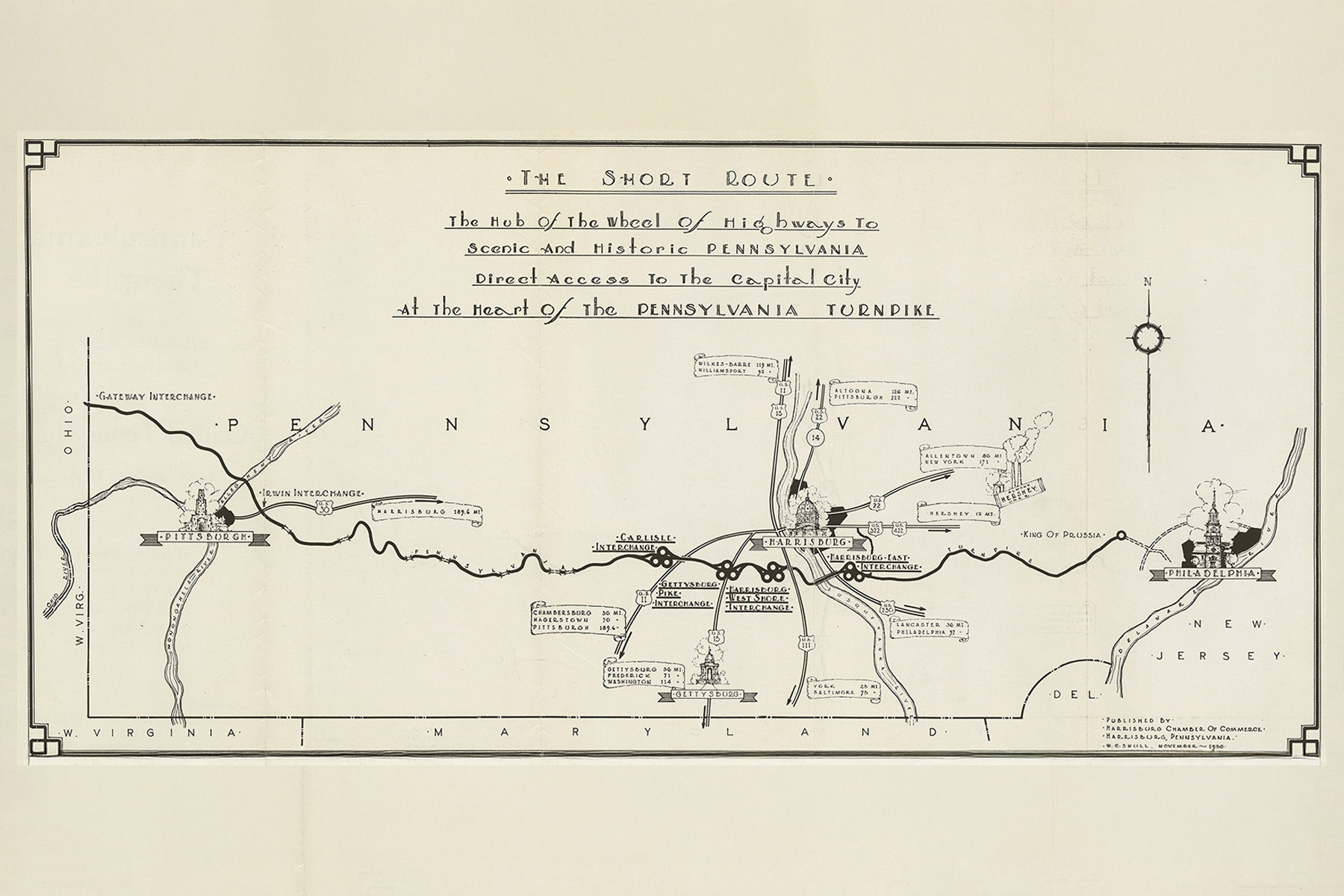 A drawing shows the Pennsylvania Turnpike as it was in 1950. 
