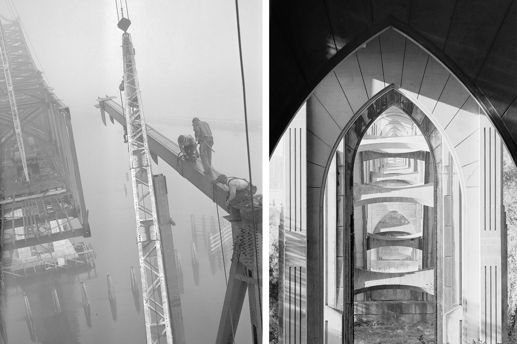There are two photos shown. On the left, men balance on a steel beam while they construct a bridge. The men are strapped to the beam with rope. On the right, Gothic arches appear on cut-away web walls of a bridge approach span. 