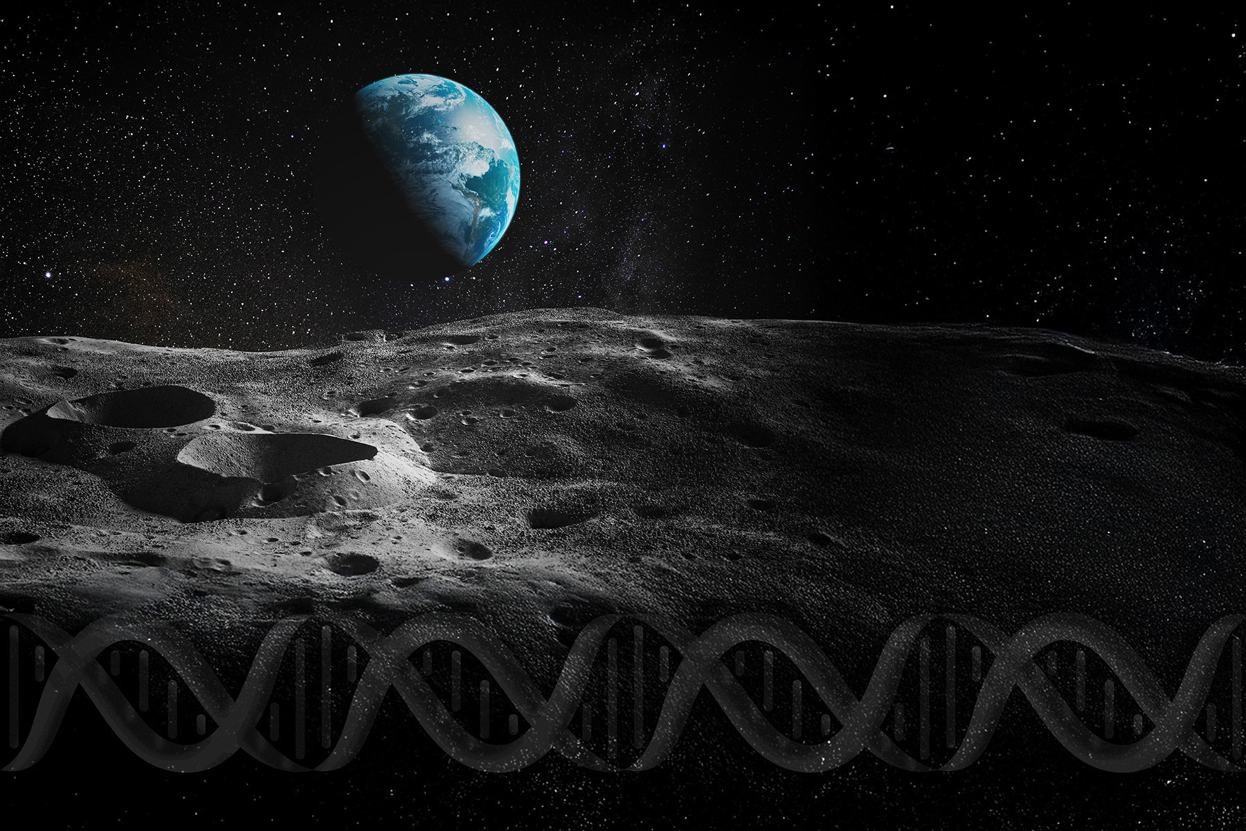 A lunar landscape is shown beneath a blue earth floating in a black, starry sky, and a shadowy double-helix shape running across the bottom of the image