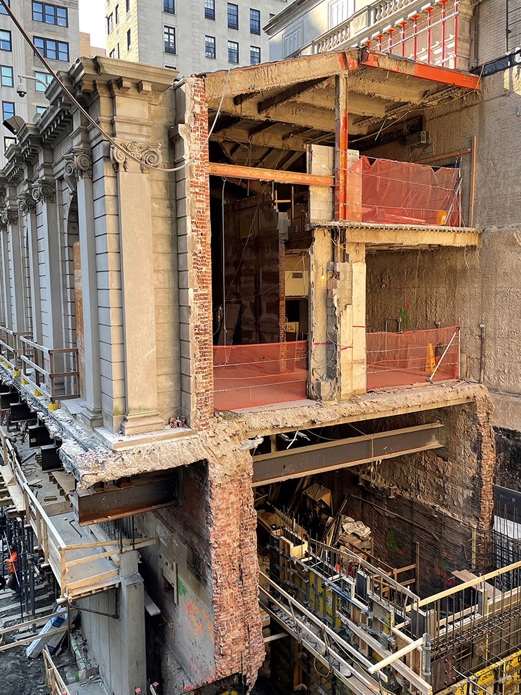 Temporary shoring is shown in this photo of a construction site. 