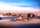 A full-color rendering shows the finished concourse exterior with white airplanes at several gates. 