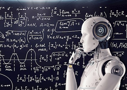 a robotlike figure stands in front of a chalkboard full of math and science problems
