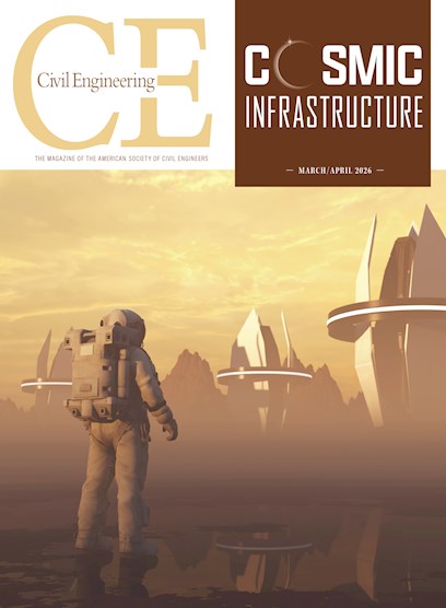 Rendering shows an astronaut staring at several tall structures on Mars. 