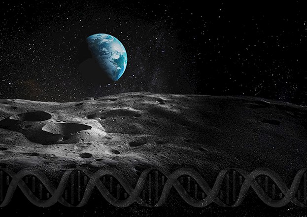 A lunar landscape is shown beneath a blue earth floating in a black, starry sky, and a shadowy double-helix shape running across the bottom of the image. 