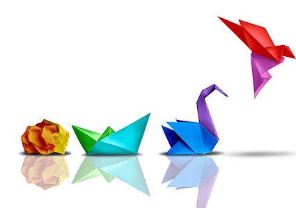 There are four images on the picture. The first shows a crumpled piece of pager. The second the crumpled paper transformed into another shape. The third shows a swan, and the fourth shows the bird taking flight. These images represent evolution, transformation, innovation, and creativity. 